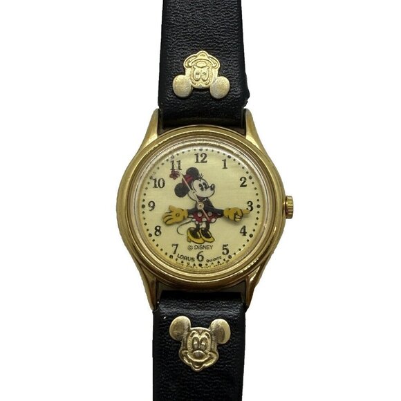 Vtg Lorus Disney World Minnie Mouse Quartz Watch V515-6080 Rotating Hands Black main image 6